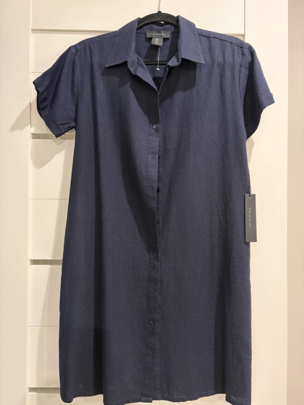 Tahari Navy Short-Sleeve Button-Front Dress